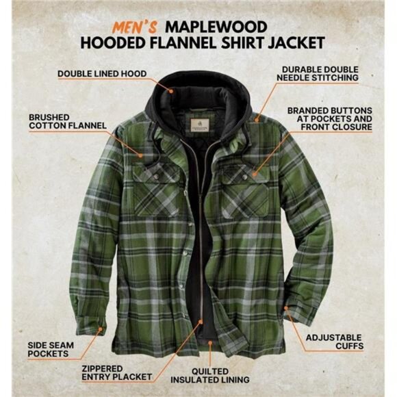 Mens Plaid Flannel Shirt Jacket Quilted Insulated Hooded Work Outdoors Coat - Picture 4 of 7